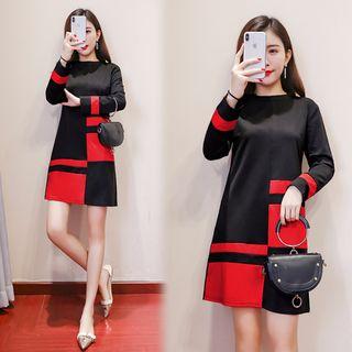 Two-tone Long-sleeve A-line Minidress