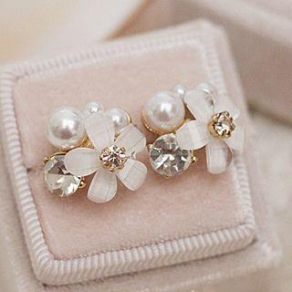 Faux Pearl Rhinestone Flower Earring 1 Pair - Ear Studs - One Size