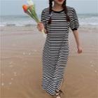 Striped Short-sleeve Midi T-shirt Dress Stripes - Black & White - One Size