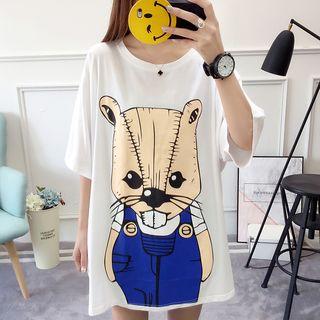 Elbow-sleeve Cartoon Print Long T-shirt