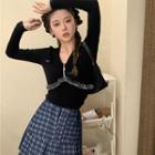 Long-sleeve Fluffy Trim V-neck Top / Diamond Print Mini A-line Skirt