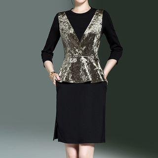 Set: Crew-neck 3/4-sleeve Dress + V-neck Vest