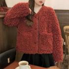 Fluffy Button-up Jacket Red - One Size