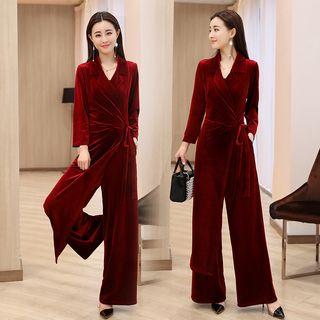 Long Sleeve Tie-waist Velvet Wide-leg Jumpsuit