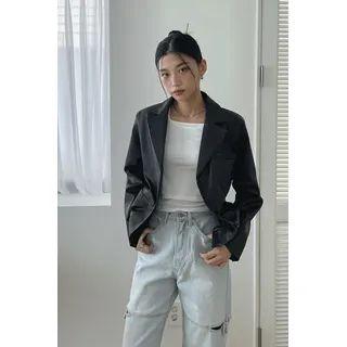 Faux-leather Blouson Blazer Black - One Size