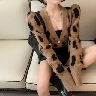Leopard-print Puff-sleeve Knit Cardigan Leopard - One Size