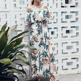 Elbow-sleeve Leaf Print A-line Maxi Dress