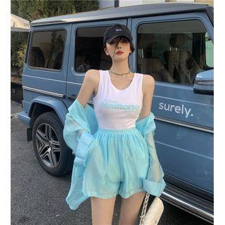 Lettering Print Tank Top / Sheer Shirt Jacket / Wide Leg Shorts