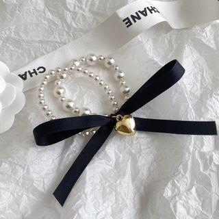 Ribbon Faux Pearl Hair Tie Black & Gold - One Size