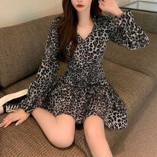 Long-sleeve Leopard Print Ruffled Dress