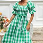 Puff-sleeve Gingham Tie-waist Midi A-line Dress