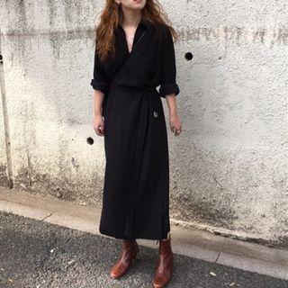 Long-sleeve Plain Drawstring Waist Dress Black - One Size