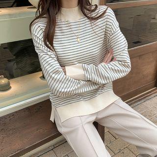 Mock-neck Dip-back Striped Knit Top