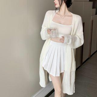 Plain Cardigan / Cropped Camisole Top / Pleated Mini A-line Skirt