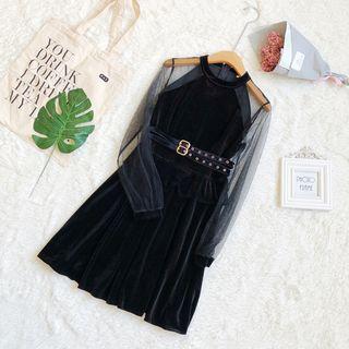 Long-sleeve Mesh Panel Pleuche A-line Dress With Belt