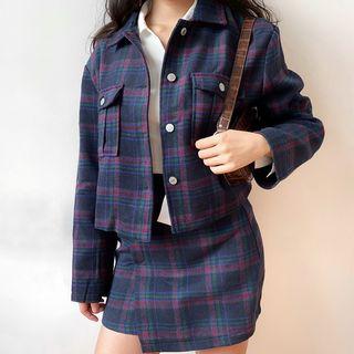 Set: Woolen Plaid Jacket + Skirt
