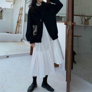 Long-sleeve Irregular Midi A-line Shirtdress / Slit-front Sweatshirt