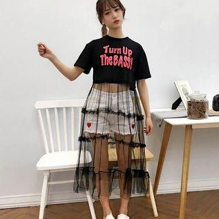 Lettering Short Sleeve Mesh Hem T-shirt Dress