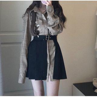 Set: Plaid Shirtdress + Pleated A-line Skirt