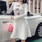 Long-sleeve Bow-accent A-line Knit Dress White - One Size