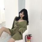 Set: Plain Knot Long-sleeve Loose-fit T-shirt + Elastic-waist Skort