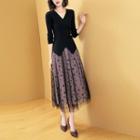 Set: V-neck Knit Top + Midi Mesh Skirt