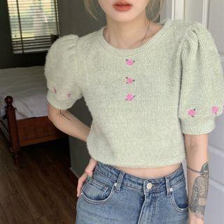 Embroidered Knit Crop Top Light Green - One Size