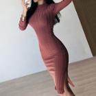 Long-sleeve Mock Neck Ribbed Knit Sheath Dress