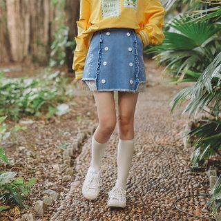 Lace Panel Embroidered Mini A-line Denim Skirt