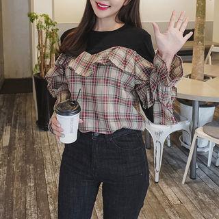 Color-block Ruffle-trim Plaid Top