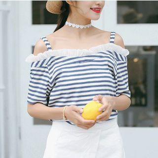 Cold Shoulder Elbow-sleeve Frill-trim Stripe Top