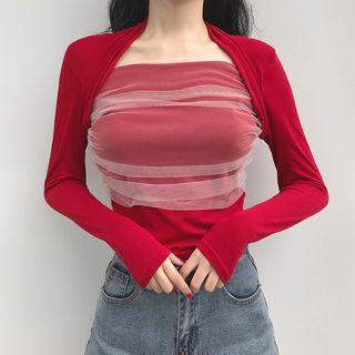 Plain Square-neck Long-sleeve Slim-fit Mesh Top