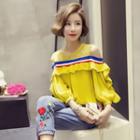Striped Shoulder-cutout 3/4 Sleeve Chiffon Top