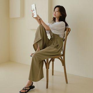 Drawstring Pleated Flared Overall Pants