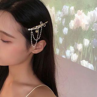 Chained Faux Pearl Rhinestone Hair Clip 1pc - Gold & White - One Size