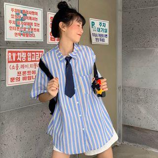 Striped Short-sleeve Shirt With Necktie