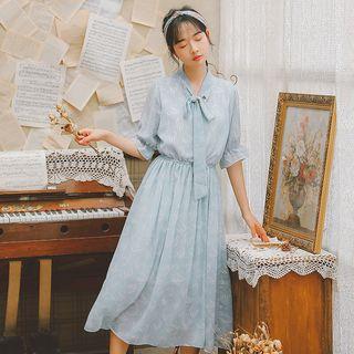 Elbow-sleeve Patterned A-line Midi Chiffon Dress