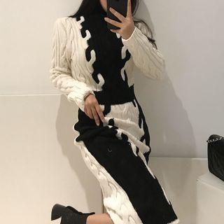 Long-sleeve Color Block Cable Knit Dress As Shown In Figure - One Size