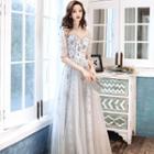 Elbow-sleeve Mesh Panel A-line Evening Gown