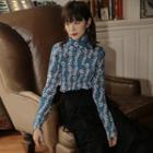 Floral Print Turtleneck Long-sleeve Top As Shown In Figure - One Size