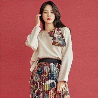 Printed Scarf Trim Knit Top