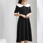 Contrast Wide-collar Midi Dress Black - One Size