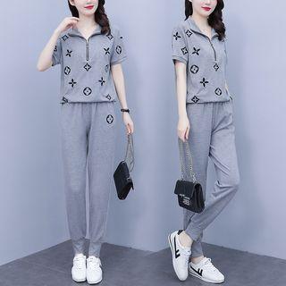Set Of 2 - Print Short-sleeve Top + Plain Sweatpants