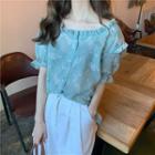 Elbow-sleeve Floral Print Frill Trim Blouse Vintage Green - One Size