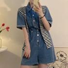 Striped Shrug / Short-sleeve Denim Romper