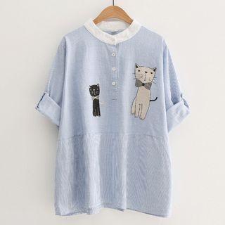 Embroidered Cat Long-sleeve Top