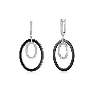 925 Sterling Silver Fashion Oval Earrings With Black Ceramic And Crystal Silver - One Size