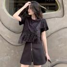 Mesh Panel Short-sleeve T-shirt / Zip Details High-waist Mini A-line Skirt