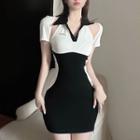 Set: Sleeveless Collar Two-tone Mini Sheath Dress + Short-sleeve Shrug