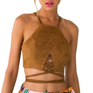 Faux Suede Tie Hem Halter Top